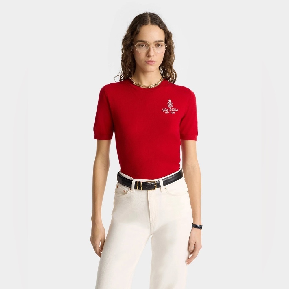 new Sporty and Rich Vendome merino wool crew neck short sleeve sweater in ruby